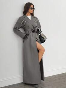 SHEIN Tall Impermeabile lungo e monocolore a doppio petto con maniche lunghe, adatto per l'autunno/inverno - Grigio - Visualizzare 7