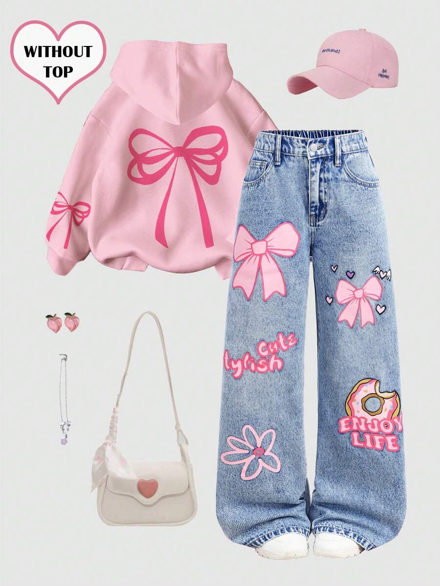Girlism 千禧少女可爱时尚粉色蝴蝶结甜甜圈印花宽松浅蓝色牛仔裤，适合秋冬季日常穿着、街头风、万圣节、圣诞节、新年、感恩节等场合。 - 中等水洗藍 - 查看 1