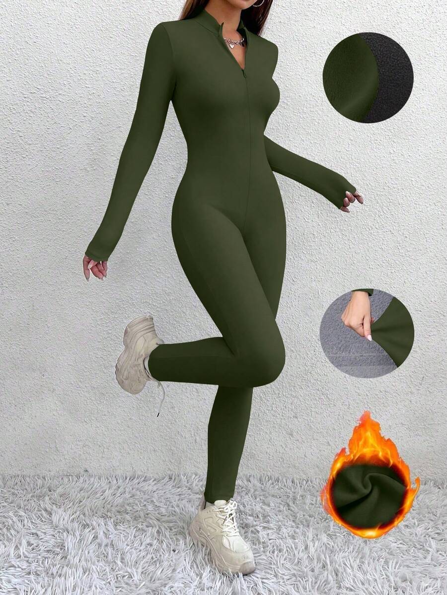 Rafferiza Autumn/Winter Zipper Long Sleeve Sportswear Casual Naked Feel Thermal Lined Skinny Elastic Jumpsuit - Army Green - View 1