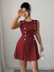 Elenzga Vestido mini elegante de talla grande con cuello redondo, sin mangas, doble botonadura, botones de cristal, cintura ceñida. Versátil para el trabajo y uso casual, color rosa - Burdeos - Ver 3