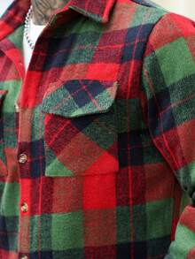 Manfinity Homme Męski płaszcz w kratę w stylu retro, z długim rękawem i guzikami z przodu, flanelowe ubrania na jesień i na święta - Czerwony - Zobacz 5