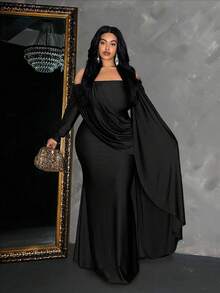 Maweii 大码纯色露肩长袖修身中长连衣裙 - 黑色 - 查看 5