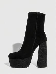 CUCCOO SZL 女士黑色绒面厚底防水弹力简约正式侧拉链踝靴，适合圣诞节穿着 - 黑色 - 查看 9