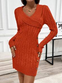 Chiquease Váy len dài tay dệt kim cổ bẻ thoải mái - trái cam - Xem 6