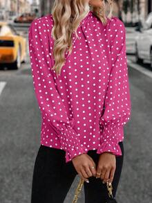 SHEIN Clasi Polka Dot Print Retro Mandarin Collar Long Sleeve Shirt - Hot Pink - View 5