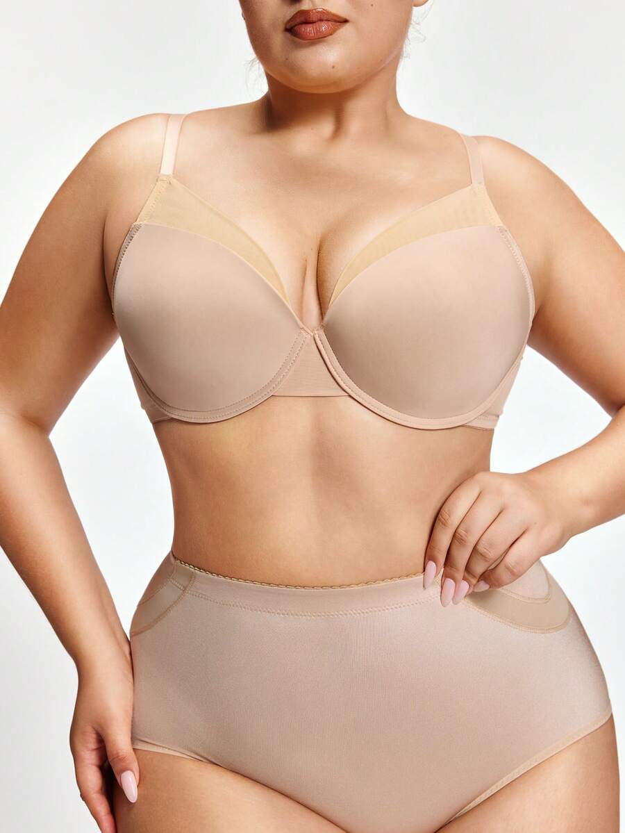 SHAPORA Áo ngực không dây họa tiết chắp vá màu tương phản cỡ lớn - Màu be - Xem 1