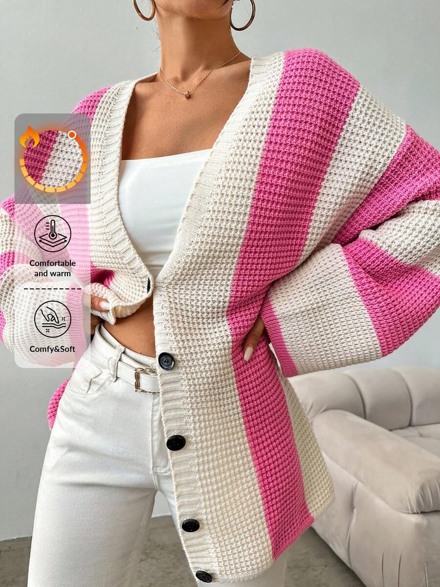 EURMUSE Colorblock Button-up Cardigan - Pink - View 1