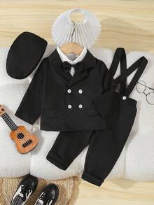 SHEIN 4 件套男婴绅士西装套装：白色长袖衬衫配领结 + 休闲宽松双排扣长袖西装外套 + 松紧腰吊带裤 + 帽子，优雅正式服装，适合婚礼、生日派对、周年纪念、毕业典礼、引座员、戒指持有人 - 黑色 - 查看 3