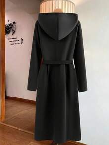 Linhara Plus Size Women Solid Color Thick Hoodie Dress, Pockets, Elastic Waist, Casual Versatile Dress For Autumn/Winter - Black - View 2