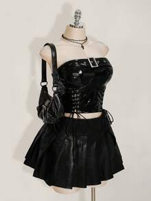 SHEIN ICON Y2k 女式加大码乡村音乐会嬉皮士黑色哥特 PU 鸡眼系带短款紧身胸衣上衣，时尚 - 黑色 - 查看 4