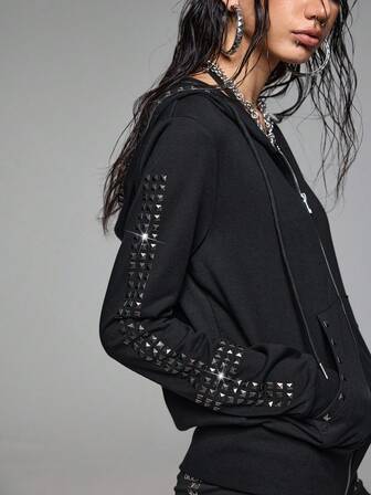 Grunge Punk Y2K Punk Hot Girl Cross Rivet Rhinestone Embellished Women Hooded Sweatshirt Sweatshirt