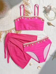 SHEIN 青少年女孩夏季海滩度假贝壳和海星编织肩带比基尼套装 - 玫紅色 - 查看 1