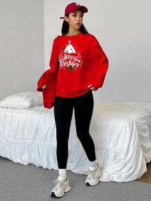 SHEIN EZwear 2pcs/Set Loose Crew Neck Sweatshirt And Skinny Leggings Pants Christmas Graphic Red - Multicolor - View 4