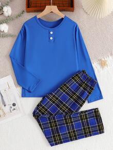 2 件套青少年男孩简约纯灰色长袖上衣和经典格子休闲裤家居服套装 - 彩色 - 查看 1