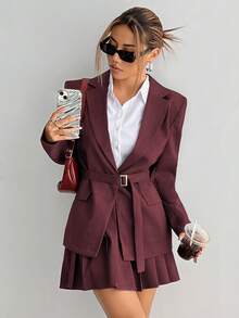 SHEIN Tall 女式宽松休闲腰带西装外套和 A 字褶中长裙套装，春秋 - 紅色 - 查看 4