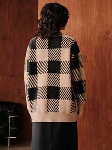 Uhlyne Women's Casual Loose Knit Cardigan, Plaid Pattern, Khaki Color, Long Sleeve, No Button, Suitable For Work And Commute, Winter - Khaki - View 4