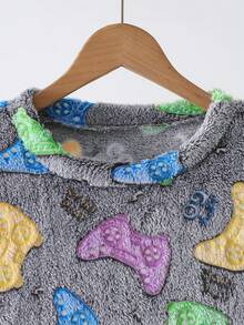 青少年男孩夜光电子游戏图案印花羊毛圆领长袖上衣和裤子两件套睡衣套装，适合日常家居服 - 灰色 - 查看 4