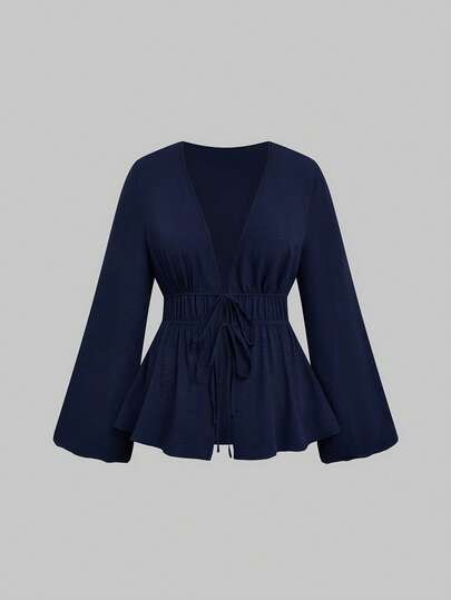 Elenzga Damen Große Größen Langarm Bluse mit Taillenbindung, natürliches Crinkle-Gewebe, hautfreundlich und atmungsaktiv, weite Langarm Offene Front, Navy Blau