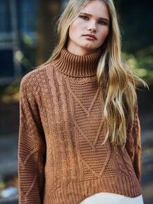 SHEIN Essnce Mixed Knit Asymmetrical Hem Jumper - Camel - View 3