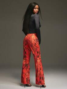 NYA SZN Red And Black Flare Pant For Women,Summer Punk Concert Outfits,Vintage Y2K Print,Statement Brunch Cool Girl Style,Fall Commuting Kings Day Look - Multicolor - View 2