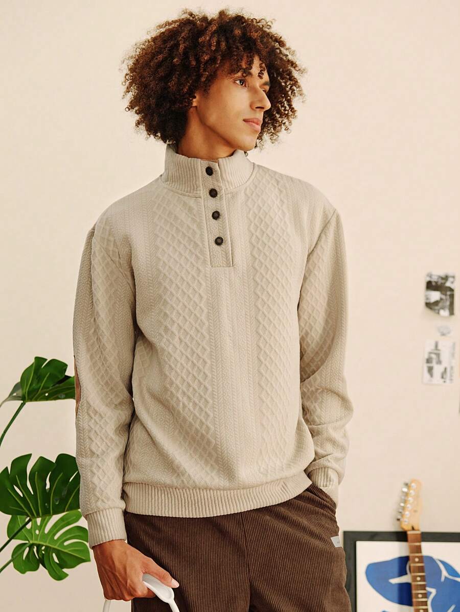 Open Phase 男士提花针织长袖上衣，秋冬简约立领打底衫，纯色圆领T恤，男士长袖T恤，春夏送给男友的节日礼物 - 卡其色 - 查看 1