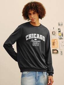 Open Phase 男士花卉字体复古美式圆领卫衣 | 芝加哥字母印花 | 休闲街头风，秋冬春夏皆宜 - 深灰色 - 查看 1