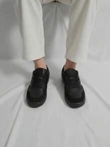 Tenis para hombre piel sintética transpirable negro punta redonda con agujeta suela baja estilo casual para diario y deporte - Negro - Ver 3