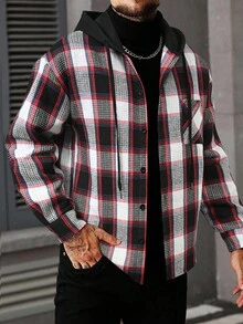 Manfinity Homme Áo khoác trùm đầu kẻ sọc cài nút phía trước dành cho nam, áo sơ mi kẻ caro dài tay mùa thu, giải trí hàng ngày, chuyến đi cuối tuần, hoạt động ngoài trời, thám hiểm du lịch, môi trường làm việc thoải mái hoặc những dịp bán trang trọng, quà tặng bạn trai/chồng, quà kỷ niệm tiệc Giáng sinh, mùa đông - Đỏ - Xem 4