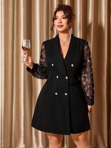 Cravure Plus Size Elegant Shawl Neck, Double-Breasted Sequins Embellished Long Sleeve Fitted Waist Dress With Pockets - Black - View 7