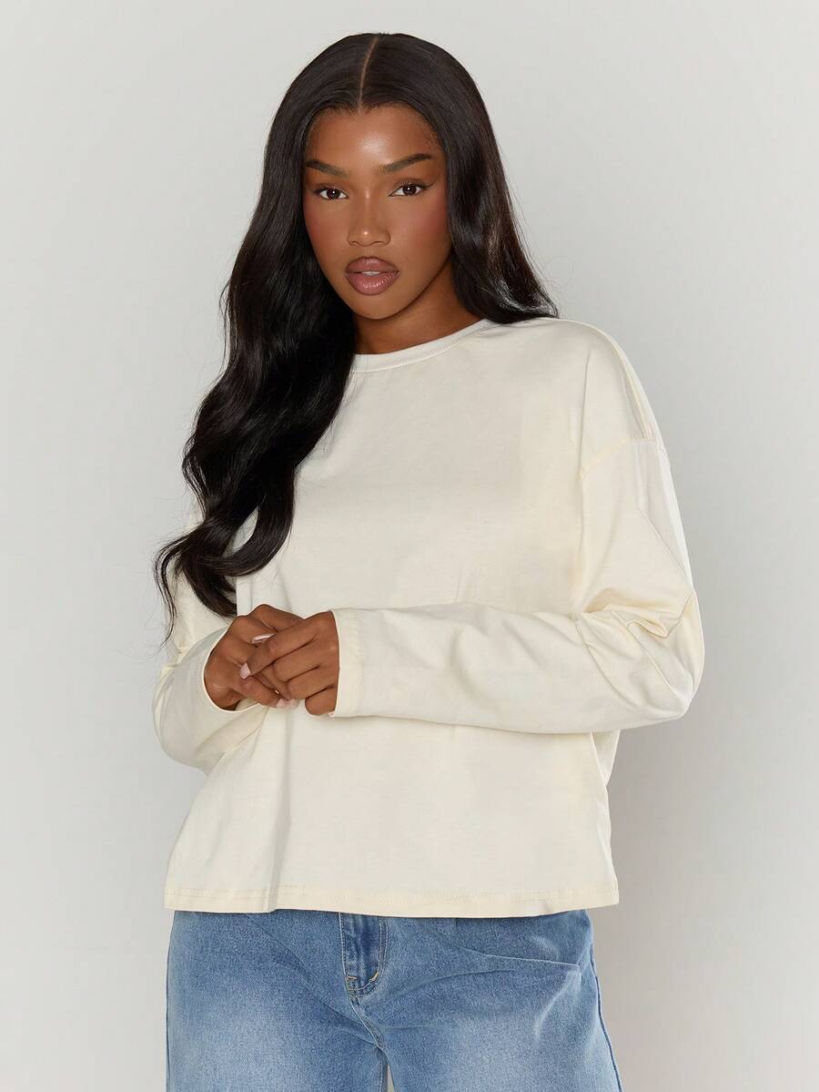 MUSERA Camiseta de manga comprida com estampa gráfica e modelagem relaxada, ideal para outono, primavera e verão. Perfeita para ocasiões casuais, férias e muito mais. - Creme - Ver 1