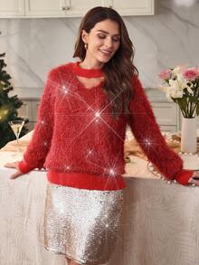 Louniche Women's Shiny Fuzzy V-Neck Pearl Decor Elegant Party Sweater, Autumn/Winter, Christmas - Red - View 2