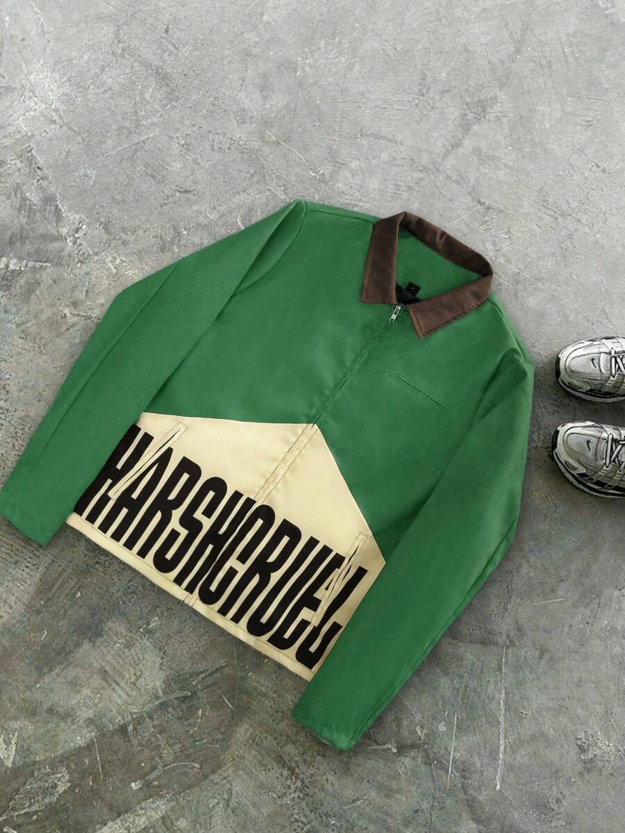Manfinity Roghcode Men's Street Style Contrast Color Long Sleeve Jacket - Green - View 1