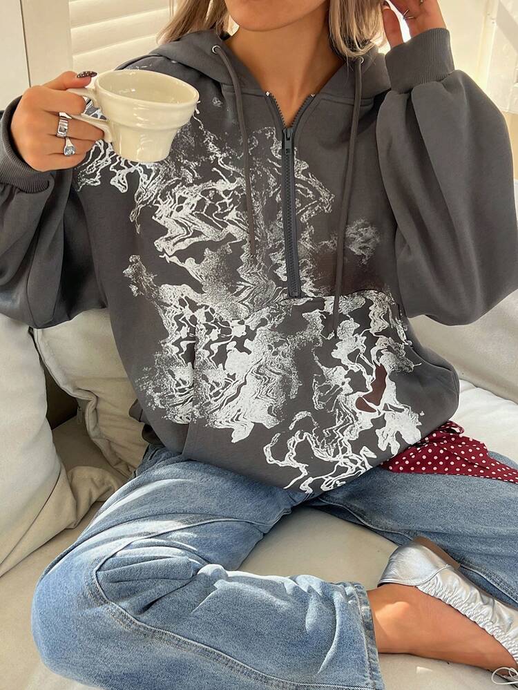 Thermal Lined Loose Sweatshirt Long Sleeve Printed Casual Street Style Sweatshirt For Women, Autumn/Winter Hoodies