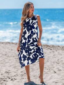 Sylviya Vestido midi de línea A sin mangas con estampado floral y bolsillos, adecuado para primavera y verano, outfits de vacaciones, vestidos de mujer elegantes, vestidos formales de mujer en azul