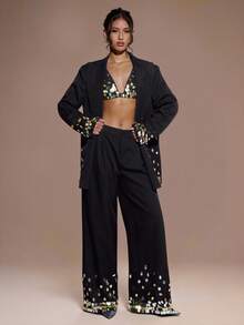 SHEIN BAE Bộ đồ nữ thời trang gồm áo hai dây hở lưng đính sequin và quần dài, hoàn hảo cho các bữa tiệc. Lý tưởng cho những buổi hẹn hò lãng mạn, đi làm, đi chơi, tiệc tối trang trọng và tiệc cocktail. Bộ vest nữ trang phục Halloween cho nữ, trang phục thu đông cho nữ - màu đen - Xem 1