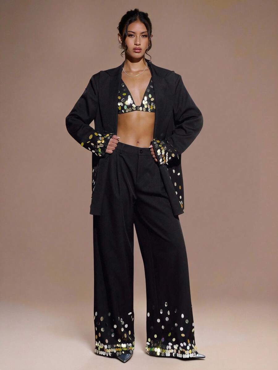 SHEIN BAE Bộ đồ nữ thời trang gồm áo hai dây hở lưng đính sequin và quần dài, hoàn hảo cho các bữa tiệc. Lý tưởng cho những buổi hẹn hò lãng mạn, đi làm, đi chơi, tiệc tối trang trọng và tiệc cocktail. Bộ vest nữ trang phục Halloween cho nữ, trang phục thu đông cho nữ - màu đen - Xem 1