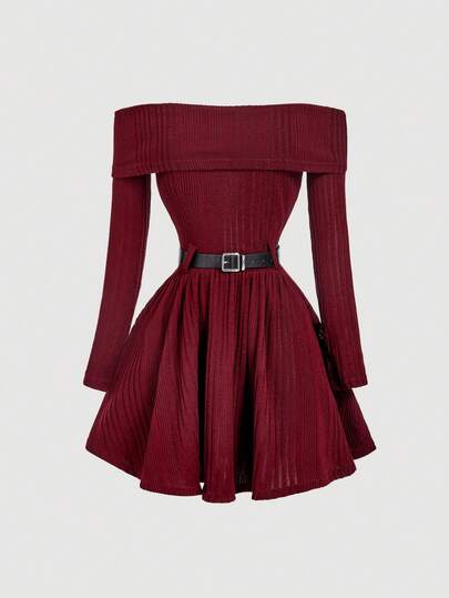 SHEIN MOD 1 pieza Vestido de manga larga con hombros descubiertos, cintura ceñida y falda acampanada, vestido de festival, vestido para sesión de fotos, vestido de Año Nuevo, vestido de invierno, vestido de hombros burdeos, ropa de invierno para mujer, vestidos burdeos para mujer, conjunto de Año Nuevo