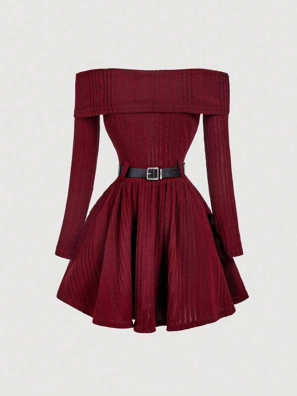 SHEIN MOD 一件式露肩长袖收腰喇叭连衣裙，节日礼服，拍照礼服，新年礼服，冬季礼服，酒红色露肩连衣裙，冬季女装，酒红色女式连衣裙，新年套装