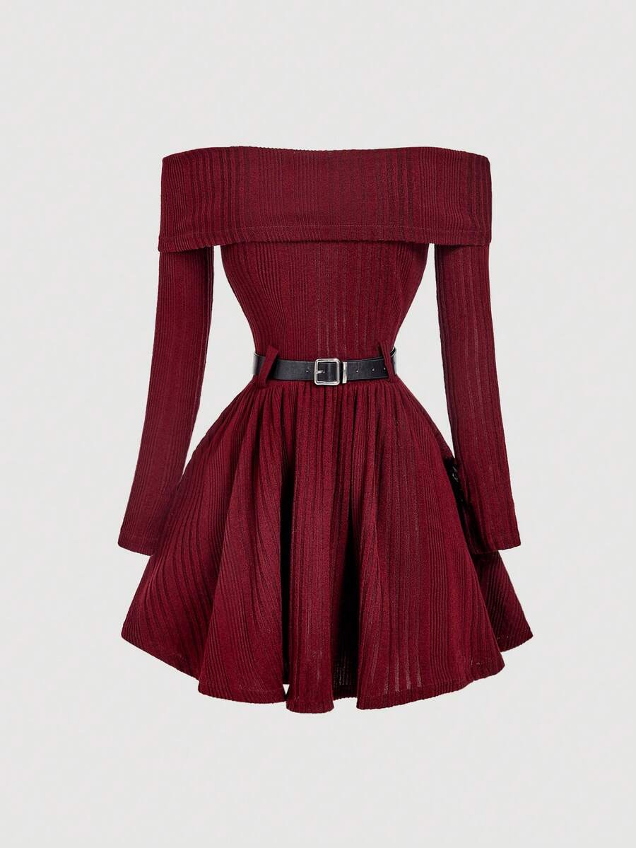 SHEIN MOD 一件式露肩长袖收腰喇叭连衣裙，节日礼服，拍照礼服，新年礼服，冬季礼服，酒红色露肩连衣裙，冬季女装，酒红色女式连衣裙，新年套装 - 酒紅色 - 查看 1