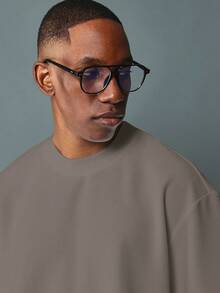 SUMWON 男士宽松落肩短袖T恤，休闲圆领，夏季必备街头风纯色款 - 棕色 - 查看 4