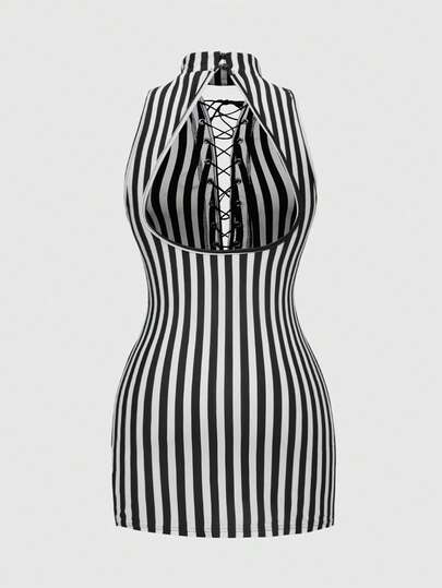 Goth Sexy Gothic Deep V Lace-Up Striped Bodycon Backless Dress