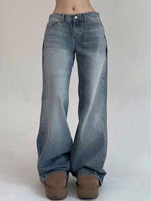 DAZY 女士口袋宽松阔腿休闲百搭牛仔裤 - 淺色水洗藍 - 查看 6