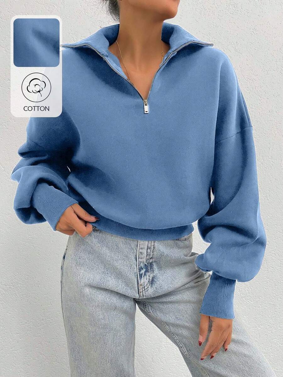 SHEIN Cottnline 100% Cotton Collar With Zipper Pattern Oversize Sweatshirt - Baby Blue - View 1