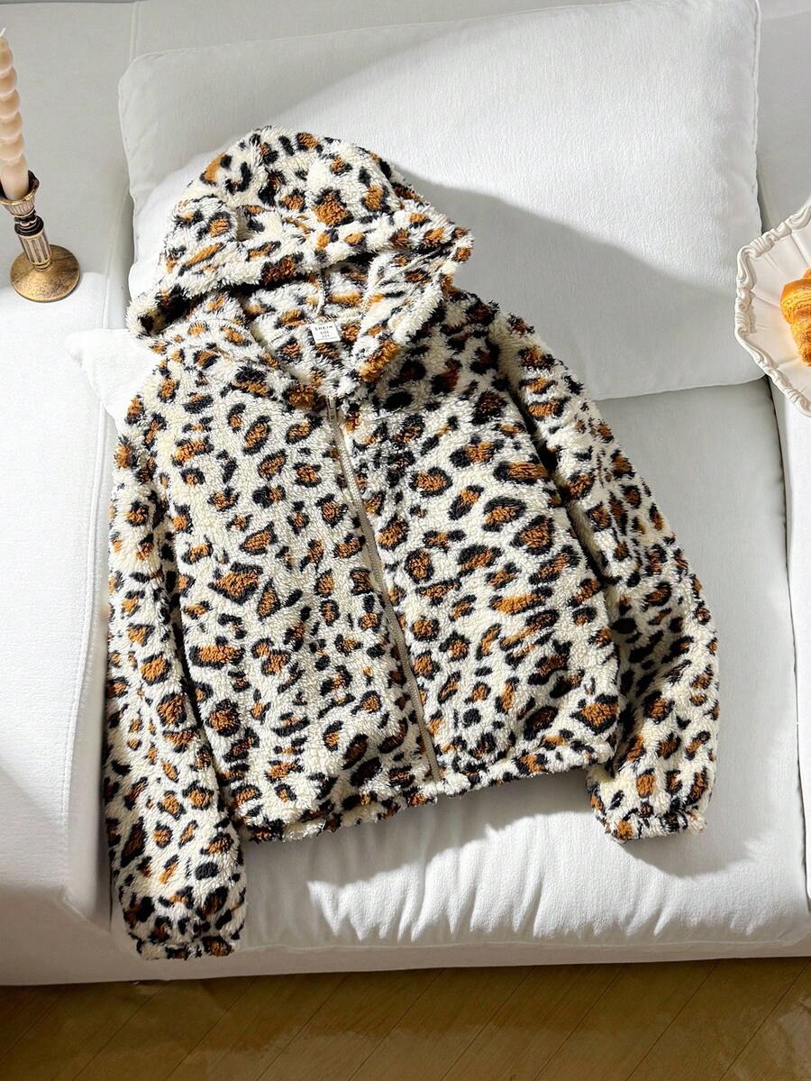 SHEIN Tween flickors casual vändbar leopardmönstrad termofodrad tjock teddytermojacka med söt 3D-örondesign, höst/vinter - Kaki - Visa 1