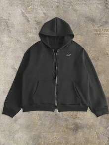 Manfinity Dauomo 男士休闲刺绣拉链连帽卫衣，长袖上衣 - 深灰色 - 查看 3