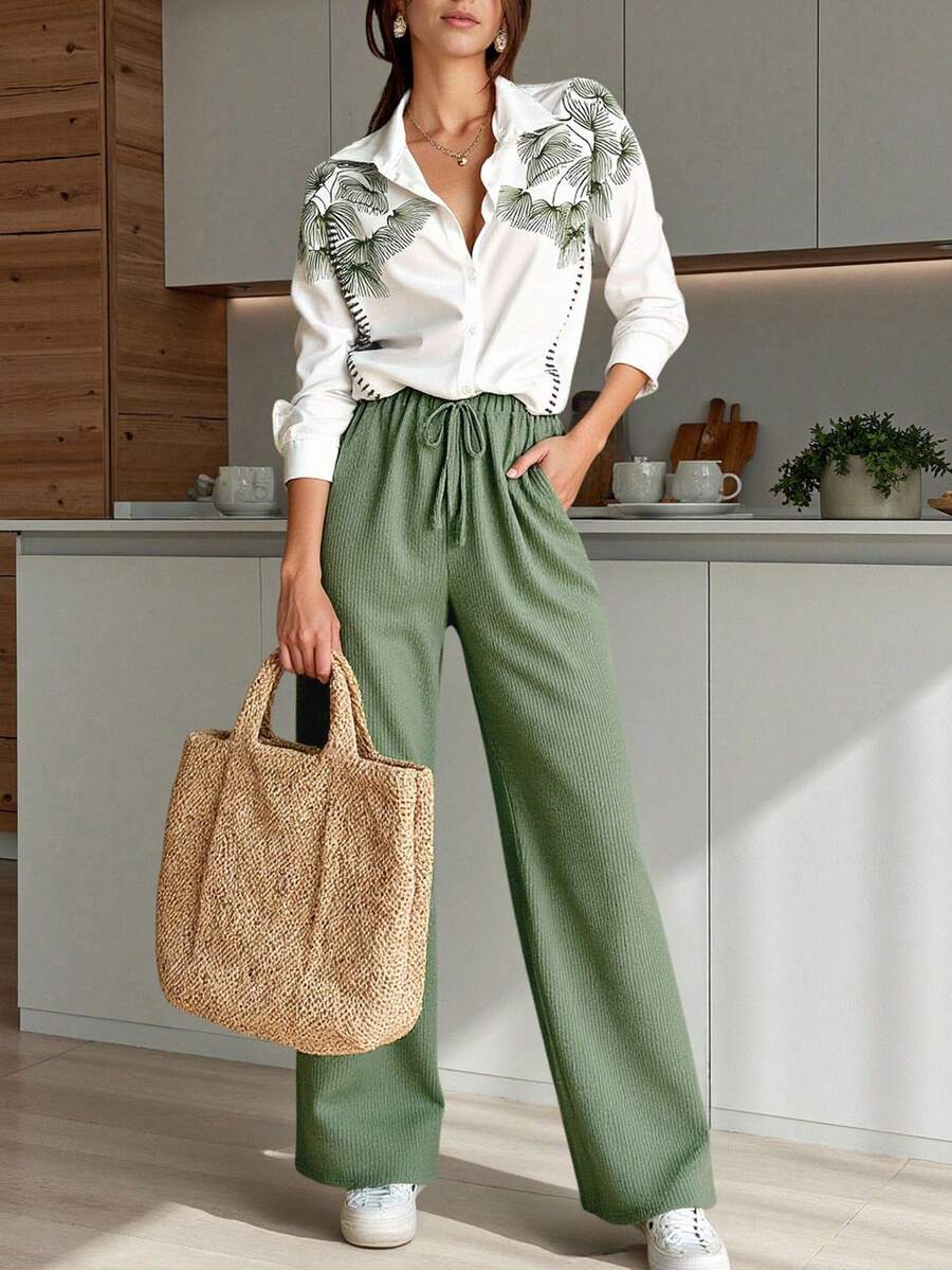 INAWLY 2pcs Plus Size Casual Simple Long Sleeve Shirt And Long Pants Set, Suitable For Summer Fall Cloth For Women - Multicolor - View 1