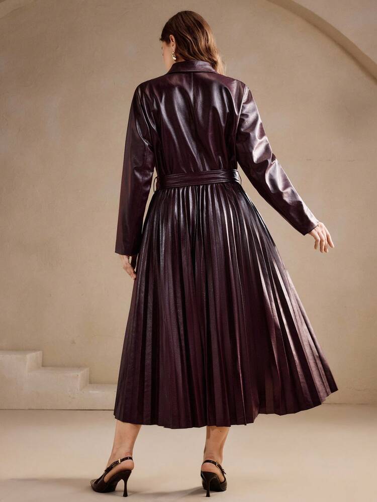 Valentine Plus Size Burgundy Red Lapel Fitted Waist Cinched Waist Pleated Hem Elegant Dress, Suitable For Fall, Winter, Spring, New Year, Party, Wedding, Elegant, Chic, Stylish, Casual, Formal