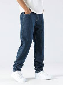 Manfinity Homme 男士休闲洗水锥形牛仔裤，纯色深蓝色长直筒深色牛仔裤洗水工装牛仔裤，适合丈夫、男朋友的礼物 - 藍色 - 查看 5