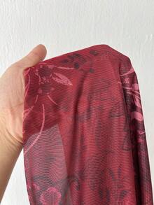 Rustia 大码复古性感低胸串珠露背紧身佩斯利印花网眼连衣裙 - 酒紅色 - 查看 9