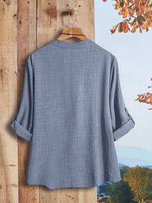Rusticease Plus Size Women Solid V-Neck Roll Sleeve Blouse,Western Wear Women - Teal Blue - View 2